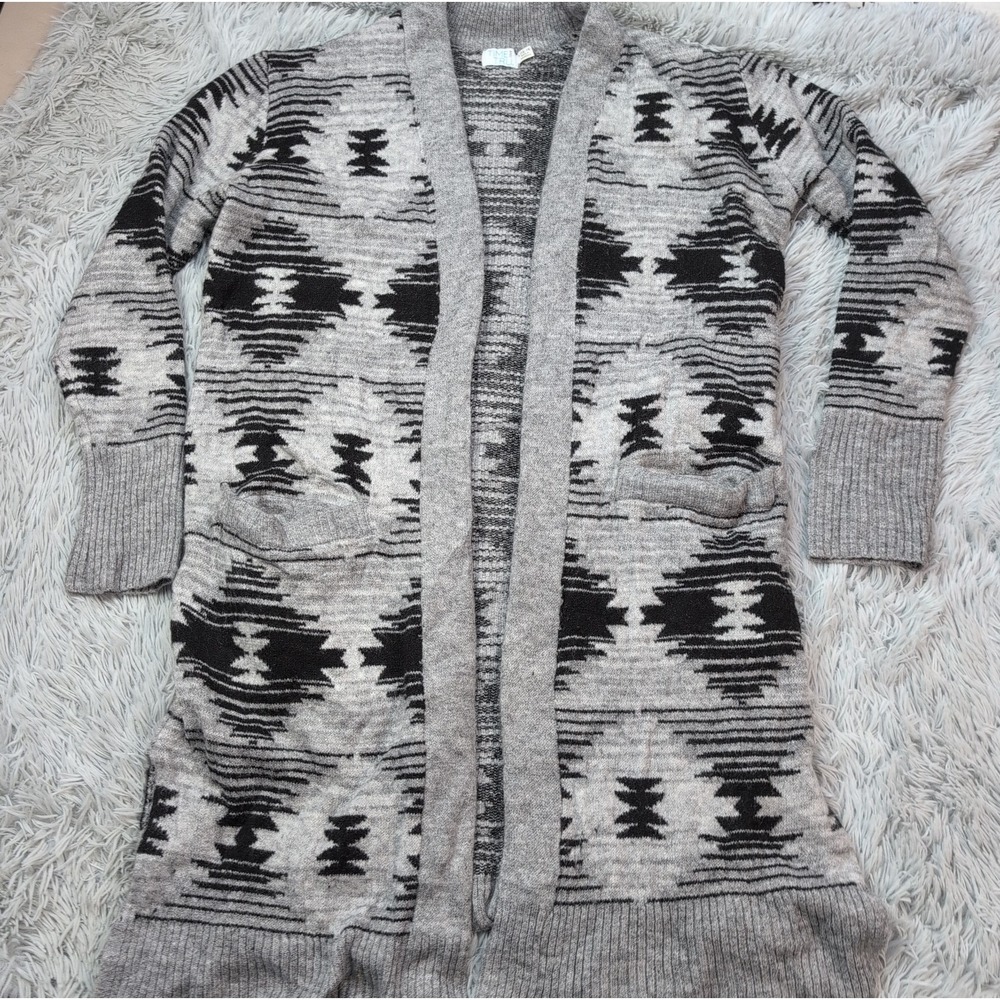 Time And True Sweater Womens L Gray Cardigan Open Front Soft Preppy Aztec